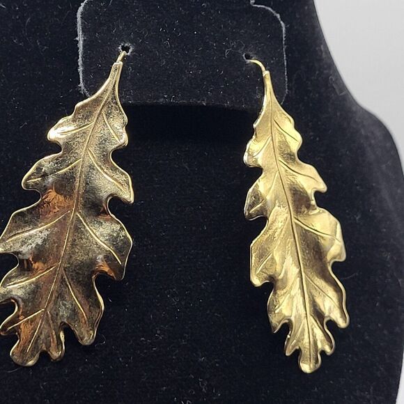 Monet Gold Tone Leaf Earrings signed on hook 3in - Picture 4 of 5